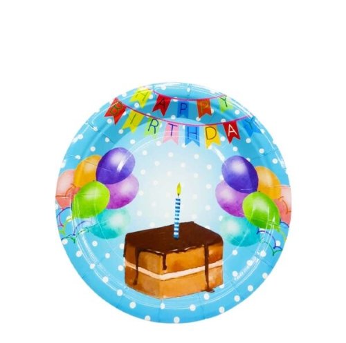6-Pieces 7″ Happy Birthday Paper Plates – Blue, Cake Design